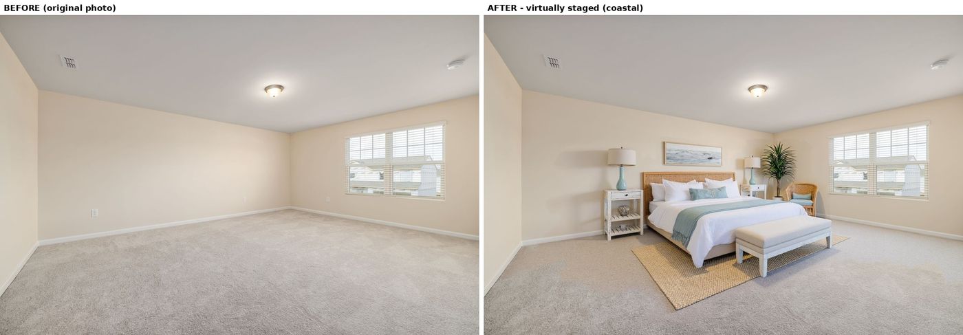 Side-by-side: original bedroom photo on the left, virtually staged coastal version on the right
