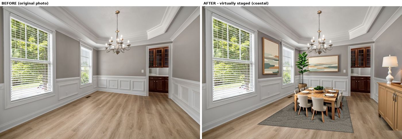 Side-by-side: original dining room photo on the left, virtually staged coastal version on the right